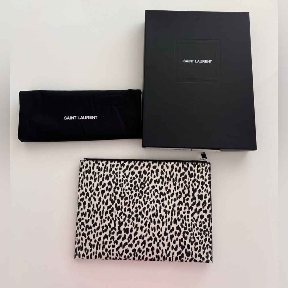 Saint Laurent Black & White Leopard Zip Clutch / iPad Case New NWT
